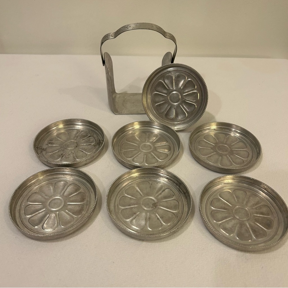 Aluminum Daisy Print Coaster Set with Holder